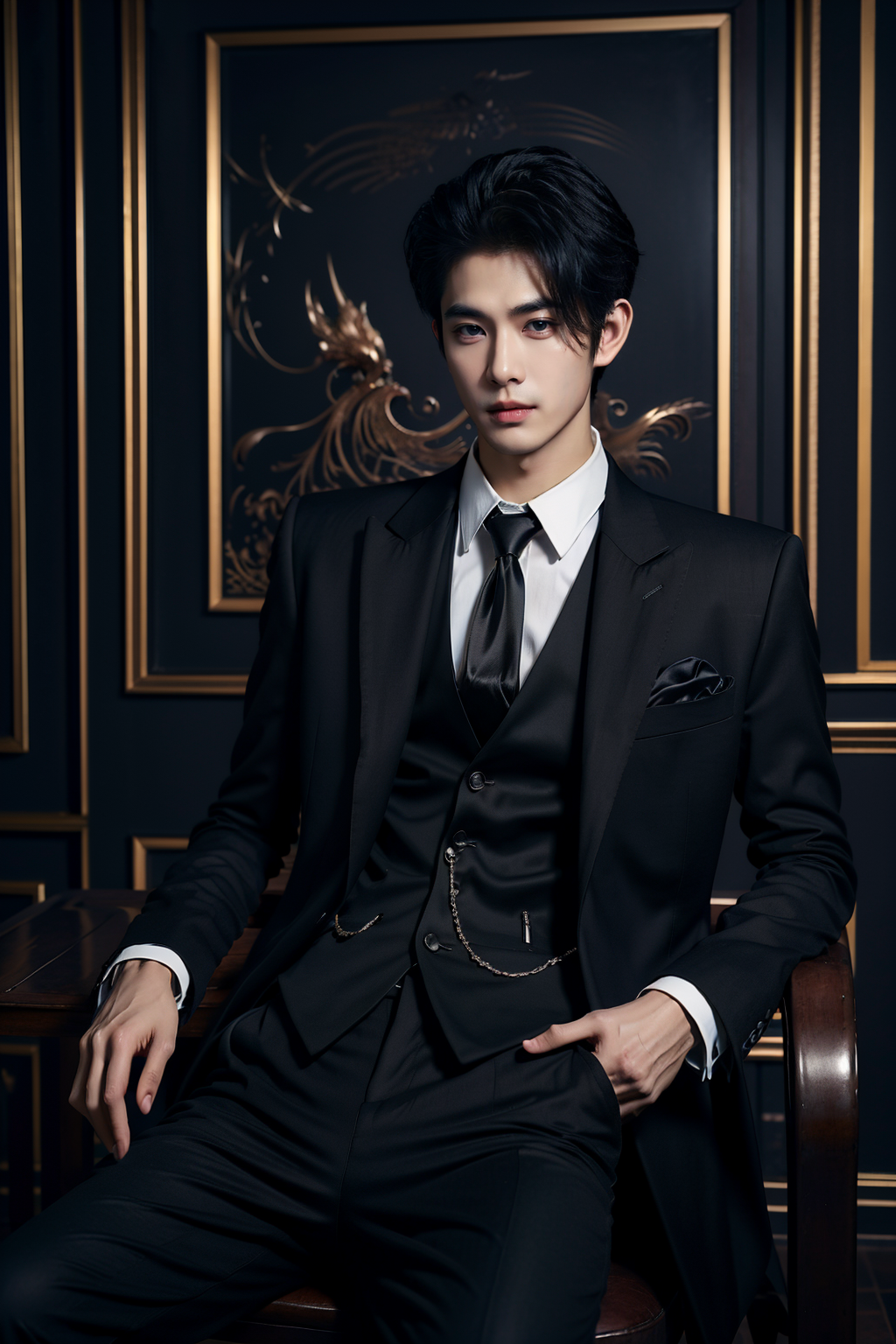 01996-479584847-sd mai, Suit thug, 1boy, male focus, solo, necktie, formal, suit, pants, shirt, black pants, jewelry, hand in pocket, black hair.png